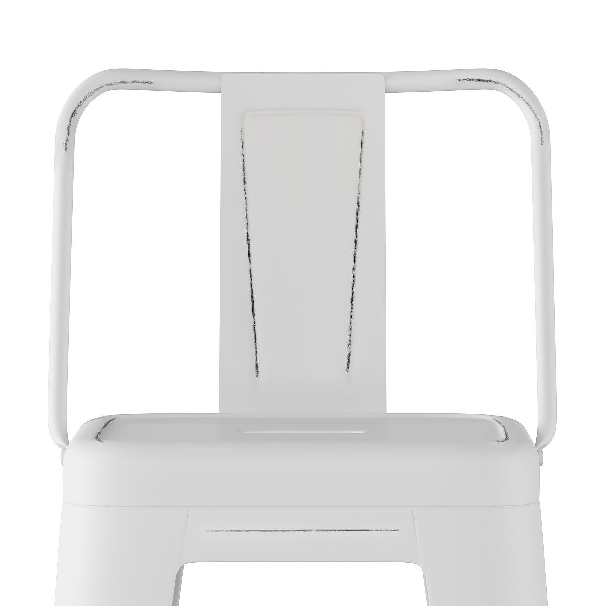A front view close-up of the Rayne Multifunctional Metal Stool, featuring a white finish, a rectangular backrest, and gently distressed edges with subtle worn detailing.