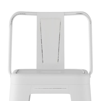 A front view close-up of the Rayne Multifunctional Metal Stool, featuring a white finish, a rectangular backrest, and gently distressed edges with subtle worn detailing.