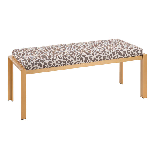 The Fuji - Contemporary Bench features a rectangular gold metal frame and a cushioned seat upholstered in brown and white leopard print fabric.