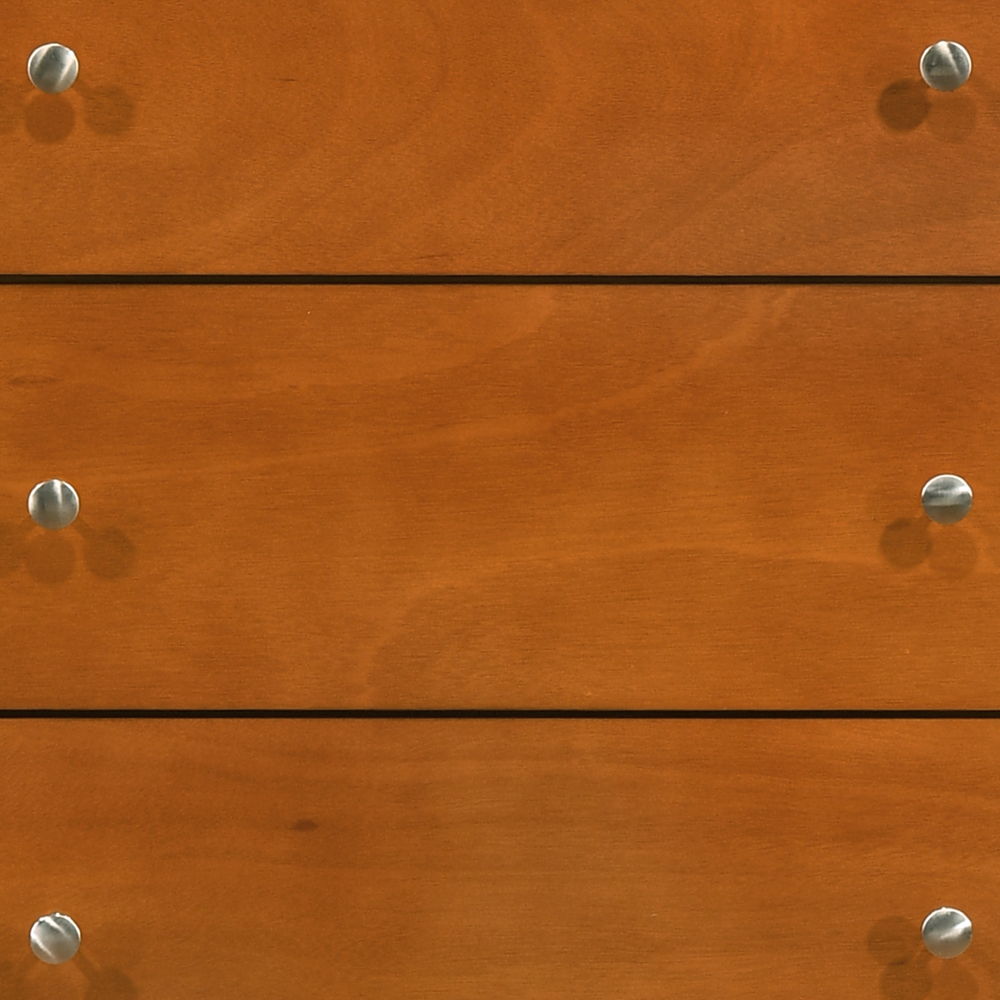 Close-up view of the Hammond - Chest, a medium brown wooden dresser with visible grain patterns and a smooth finish. It features three drawers, each equipped with two round silver metal knobs.