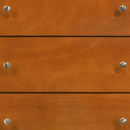 Close-up view of the Hammond - Chest, a medium brown wooden dresser with visible grain patterns and a smooth finish. It features three drawers, each equipped with two round silver metal knobs.