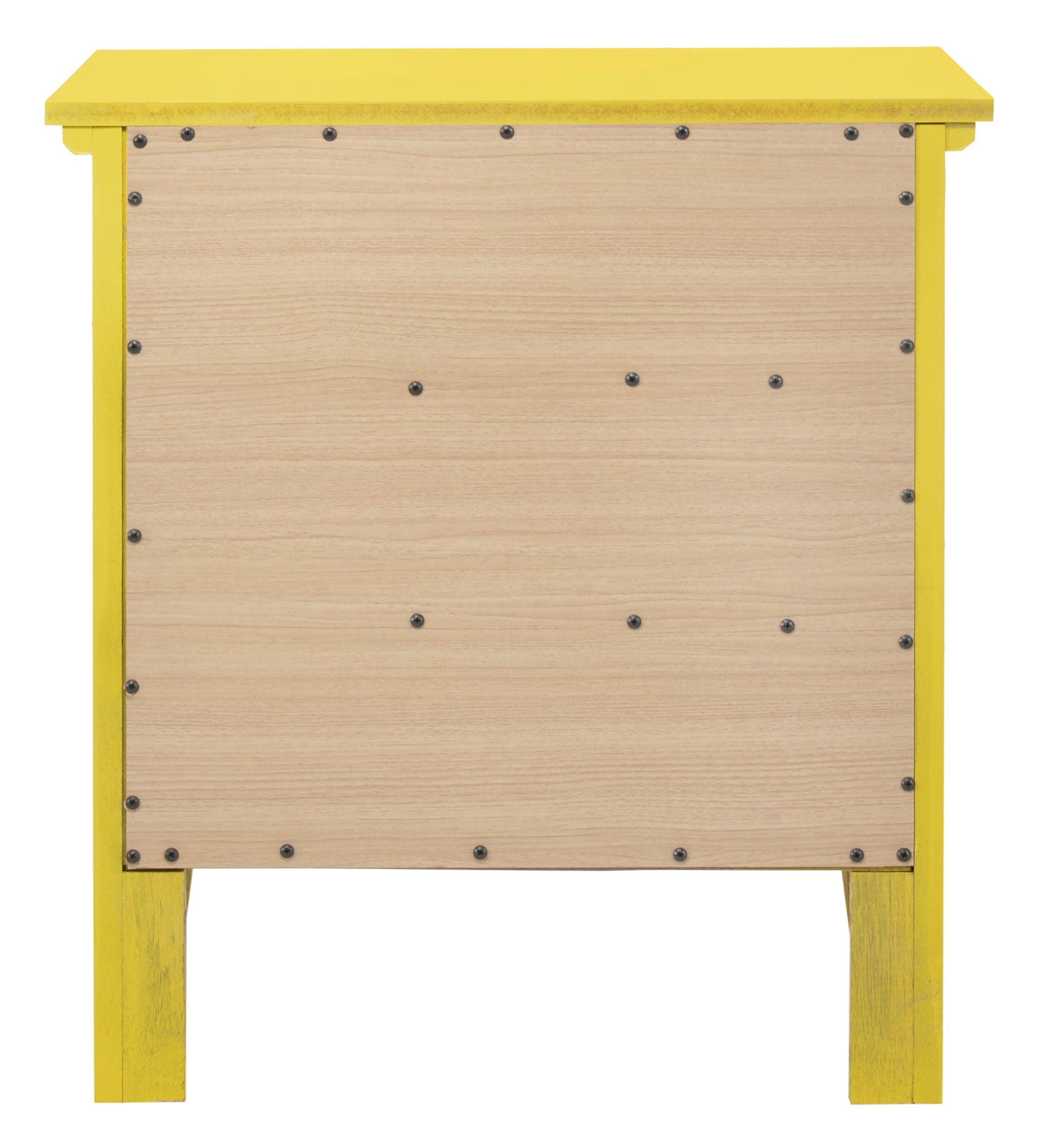 The Hammond - 3 Drawer Nightstand is a small wooden cabinet featuring a yellow frame and legs, a light wood front panel, and evenly spaced black screws for secure assembly.
