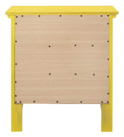 The Hammond - 3 Drawer Nightstand is a small wooden cabinet featuring a yellow frame and legs, a light wood front panel, and evenly spaced black screws for secure assembly.
