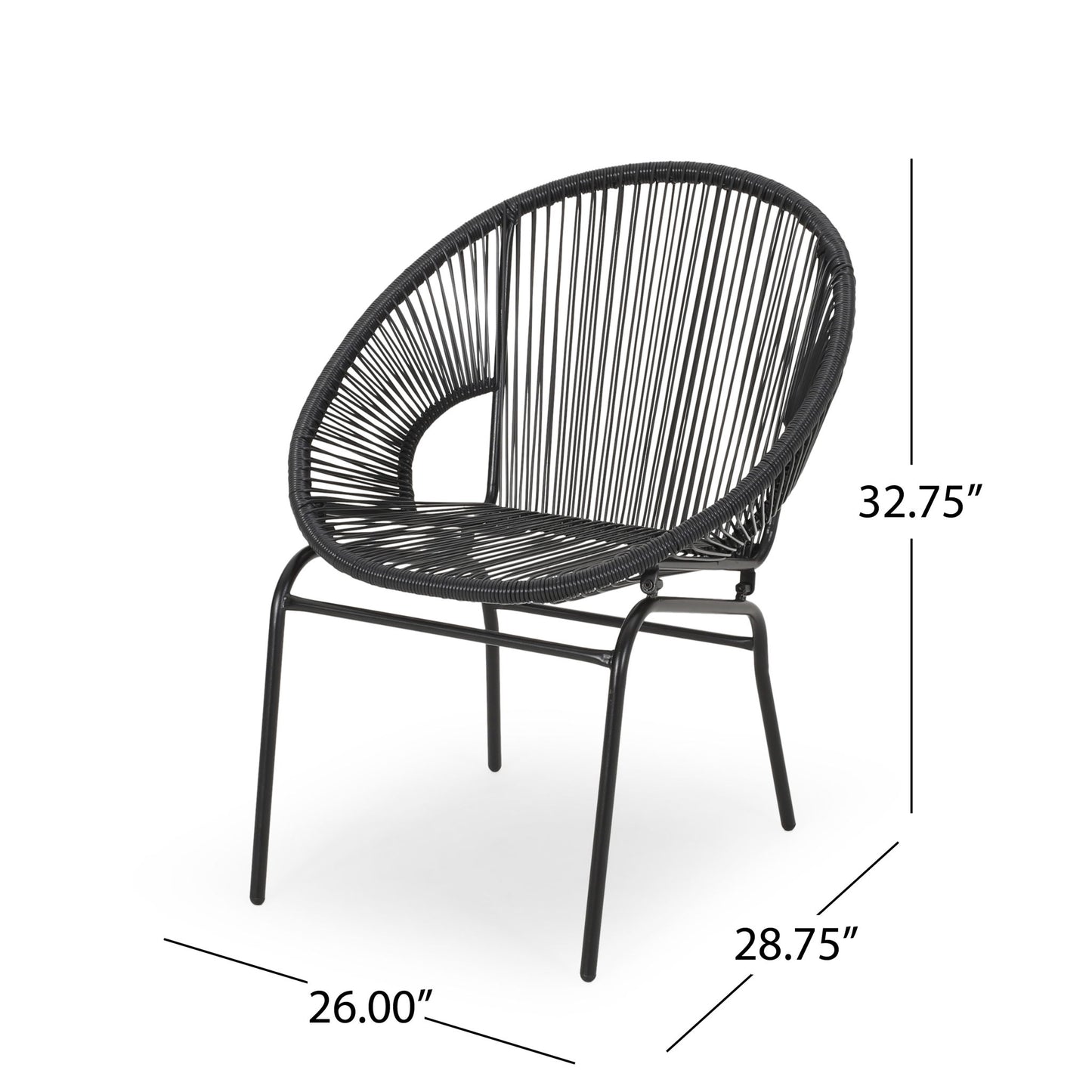 The Nusa Modern Chair Outdoor Seating features a sleek black design with a rounded, open-weave back and seat, sturdy metal legs, and measures 32.75" H x 26.00" W x 28.75" D.