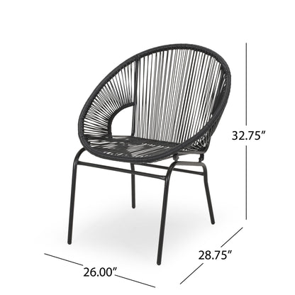 The Nusa Modern Chair Outdoor Seating features a sleek black design with a rounded, open-weave back and seat, sturdy metal legs, and measures 32.75" H x 26.00" W x 28.75" D.