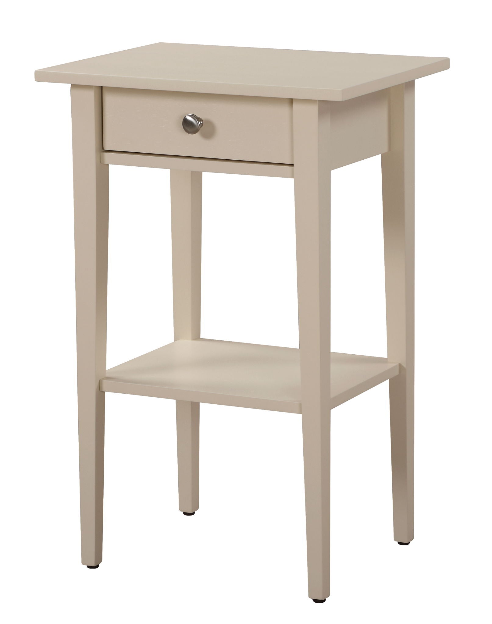 The High Quality Nightstand is a beige wooden side table with a single drawer featuring a round metal knob, an open lower shelf, and four straight legs.
