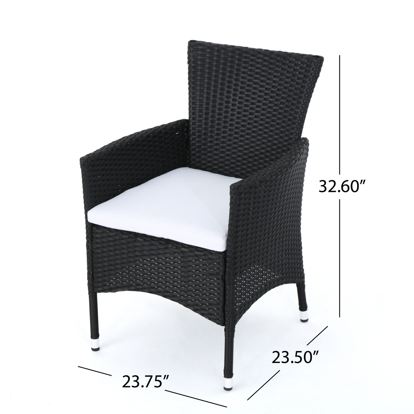 The Dimensional Outdoor Dining Chair With Cushion Seat and Iron Frame (Set of 2) features a black wicker finish, white cushions, and legs with white and silver tips. Each chair measures 32.60"H x 23.50"D x 23.75"W.