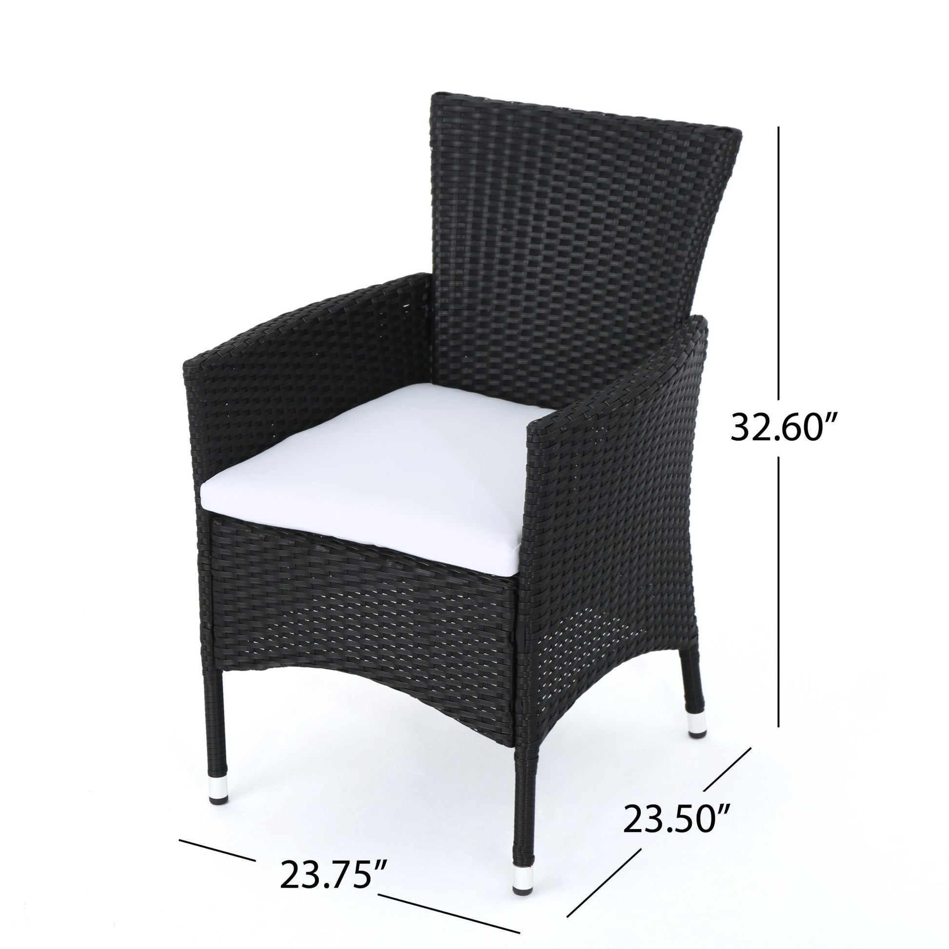 The Dimensional Outdoor Dining Chair With Cushion Seat and Iron Frame (Set of 2) features a black wicker finish, white cushions, and legs with white and silver tips. Each chair measures 32.60"H x 23.50"D x 23.75"W.