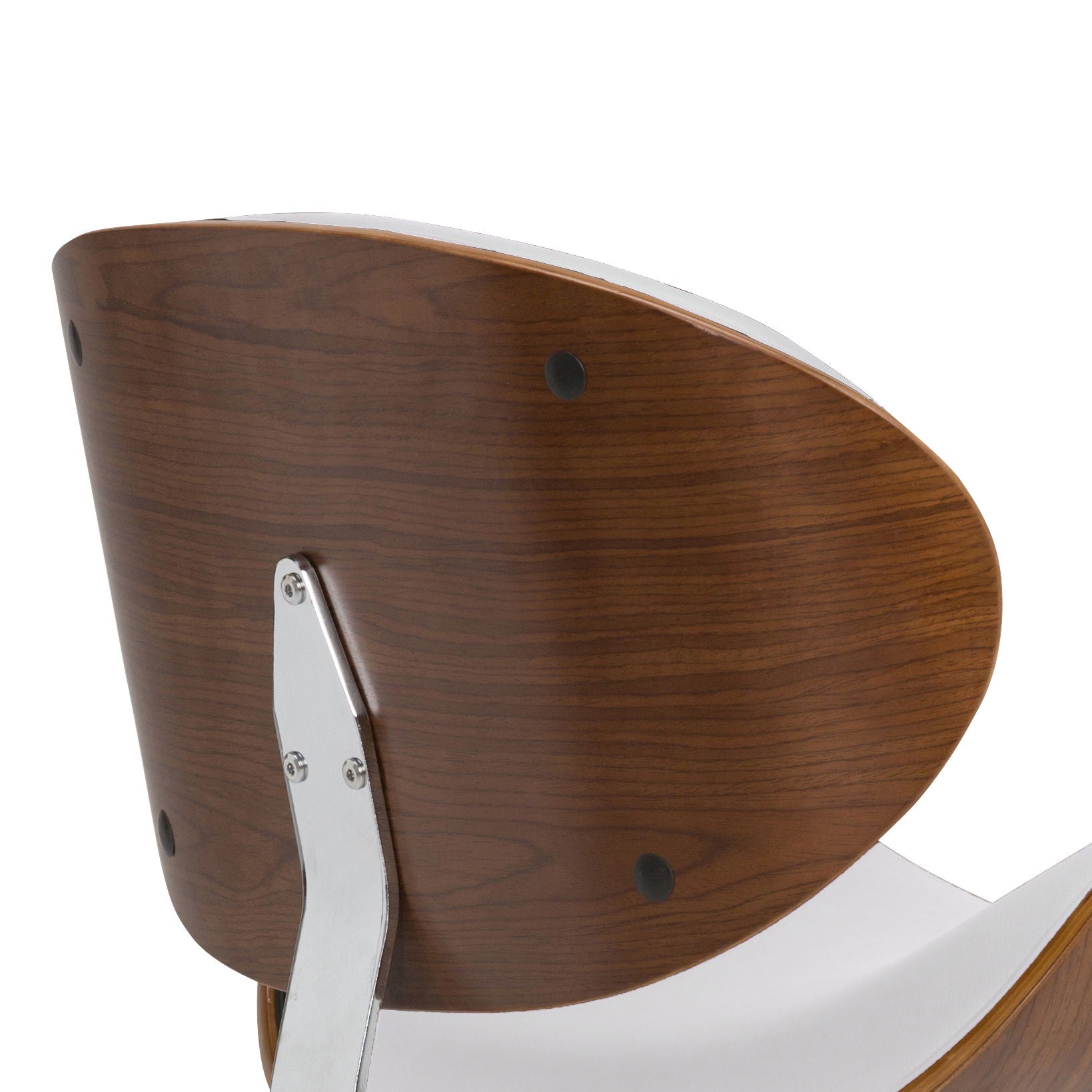 A close-up of the Marana Multifunctional Handcrafted Bentwood Adjustable Swivel Bar Stool shows its curved brown-finished wooden backrest with visible metal supports and a white seat.