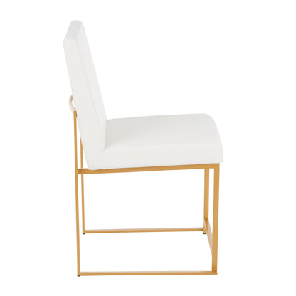 The Fuji set includes two contemporary dining chairs with a minimalist design, featuring white cushioned high seats and backrests on sleek gold metal frames, each positioned sideways.