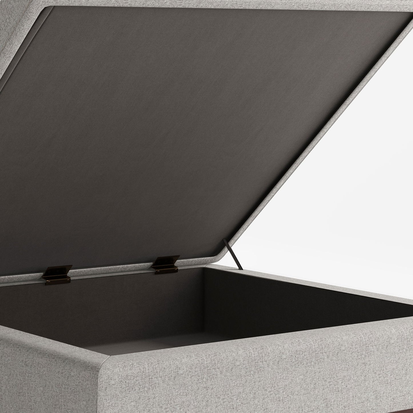 A close-up view of the Owen Multifunctional Square Coffee Table Storage Ottoman in grey, shown with its lid open to reveal the spacious storage compartment inside, set against a plain white background.
