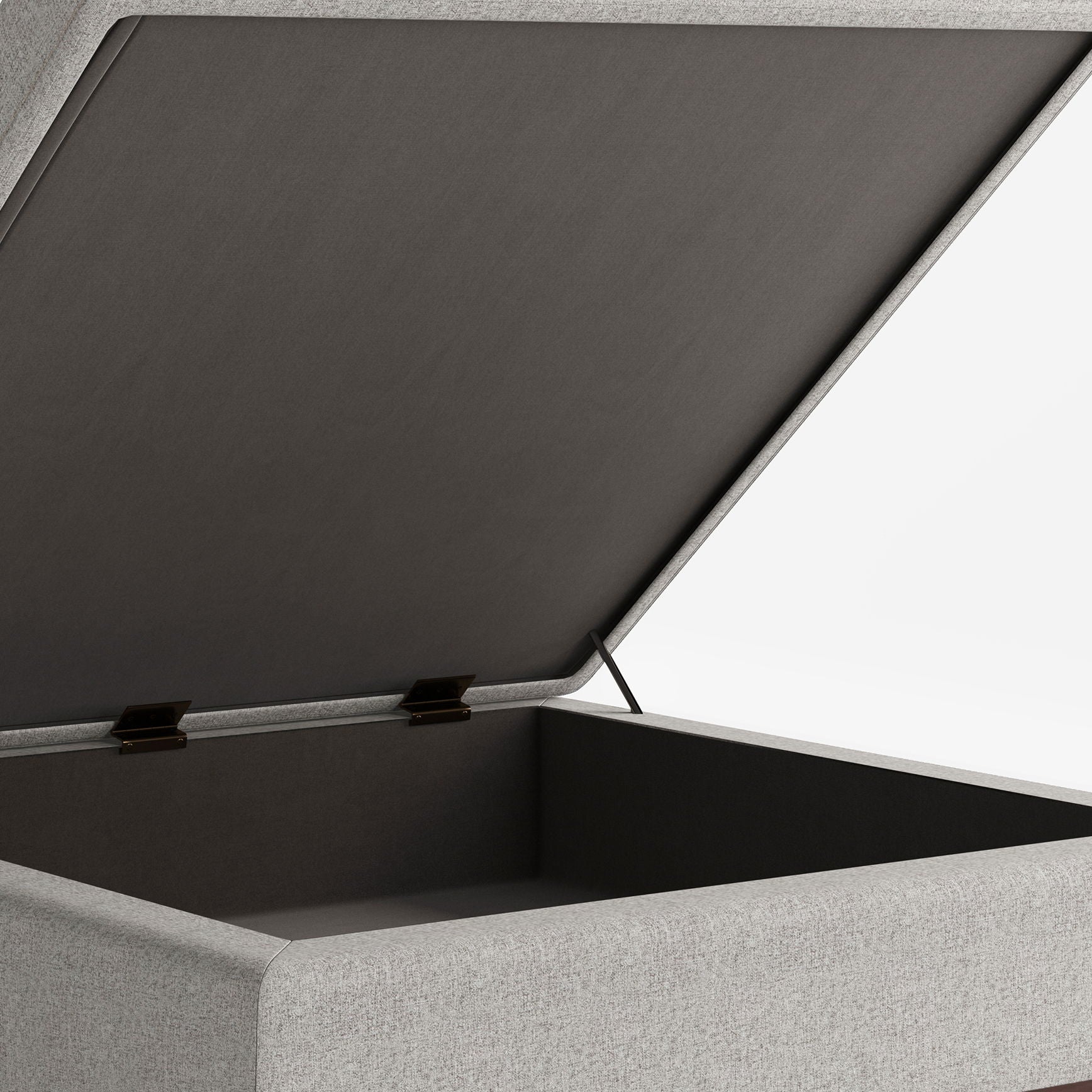 A close-up view of the Owen Multifunctional Square Coffee Table Storage Ottoman in grey, shown with its lid open to reveal the spacious storage compartment inside, set against a plain white background.