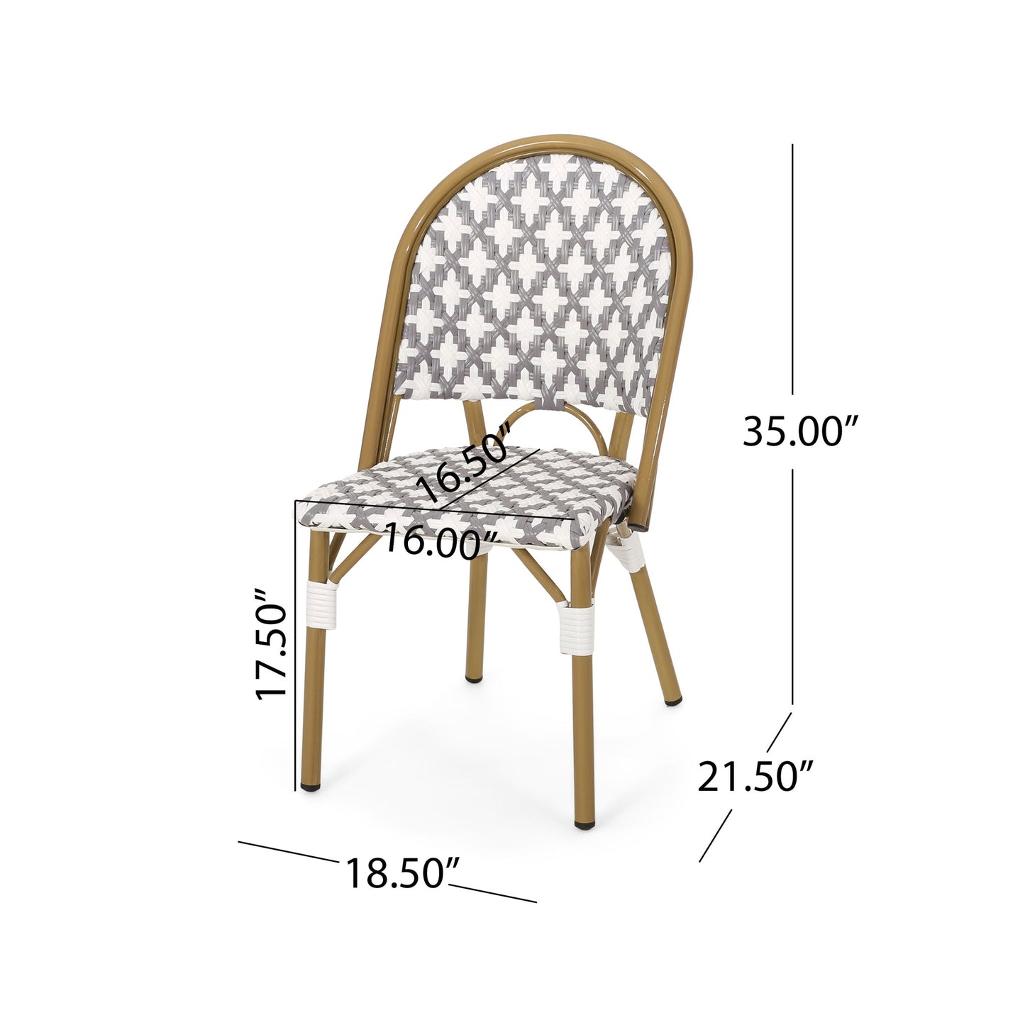 The Chic French Bistro Chair features a wicker-style, rounded back and geometric pattern. Measurements: 35" height, 17.5" seat height, 21.5" depth, 16.5" seat width, 16" seat depth, and 18.5" overall width. Durable rattan and aluminum frame.