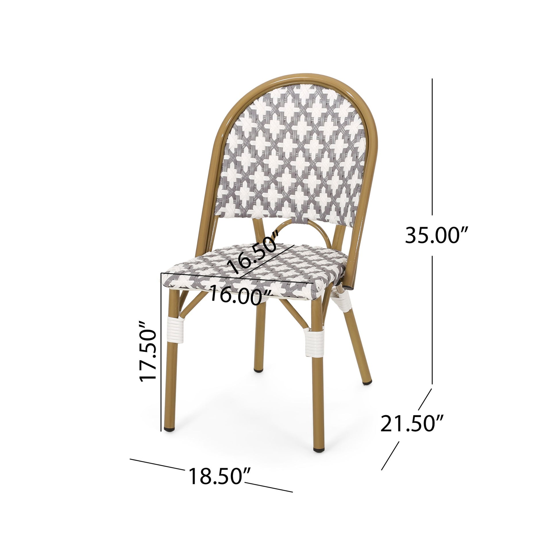 The Chic French Bistro Chair features a wicker-style, rounded back and geometric pattern. Measurements: 35" height, 17.5" seat height, 21.5" depth, 16.5" seat width, 16" seat depth, and 18.5" overall width. Durable rattan and aluminum frame.