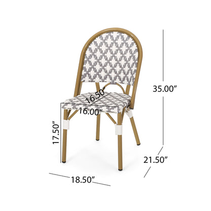 The Chic French Bistro Chair features a wicker-style, rounded back and geometric pattern. Measurements: 35" height, 17.5" seat height, 21.5" depth, 16.5" seat width, 16" seat depth, and 18.5" overall width. Durable rattan and aluminum frame.