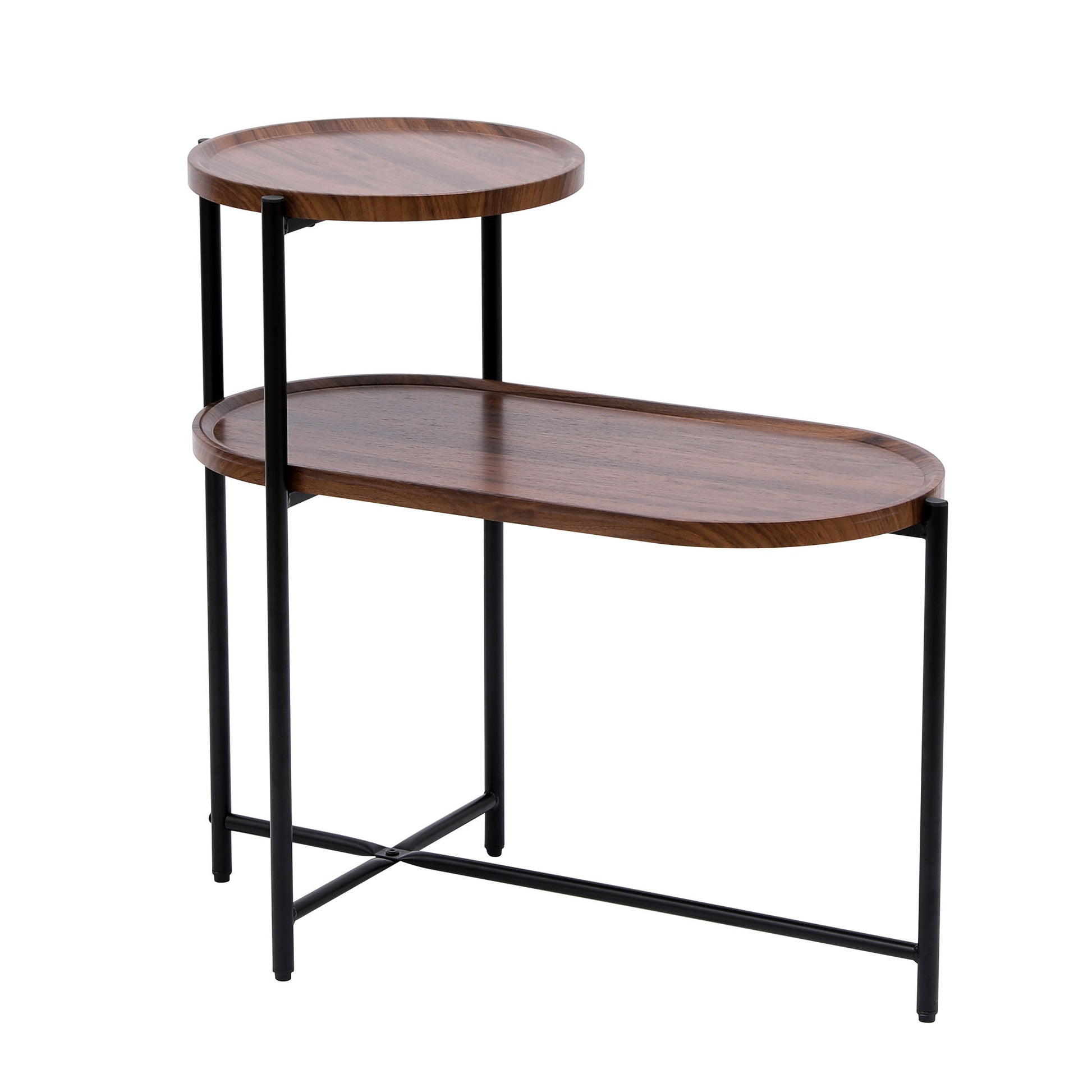 The Round Coffee Table With Storage Tray is a modern 2-tier oval end table for living rooms, featuring black metal legs, a larger wooden lower shelf, and a smaller round upper shelf positioned above one end.