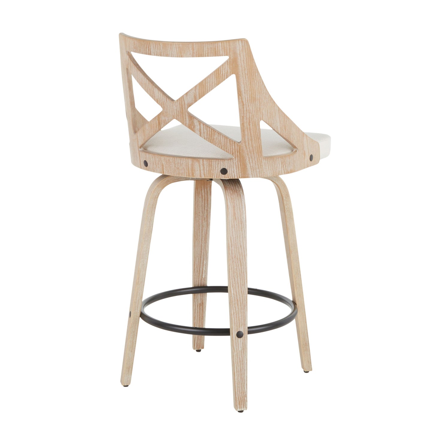The Charlotte Farmhouse Fixed Height Counter Stool with Swivel (Set of 2) in White Washed/Cream features an X-back design, round cushioned seat, four angled legs, and a circular metal footrest.
