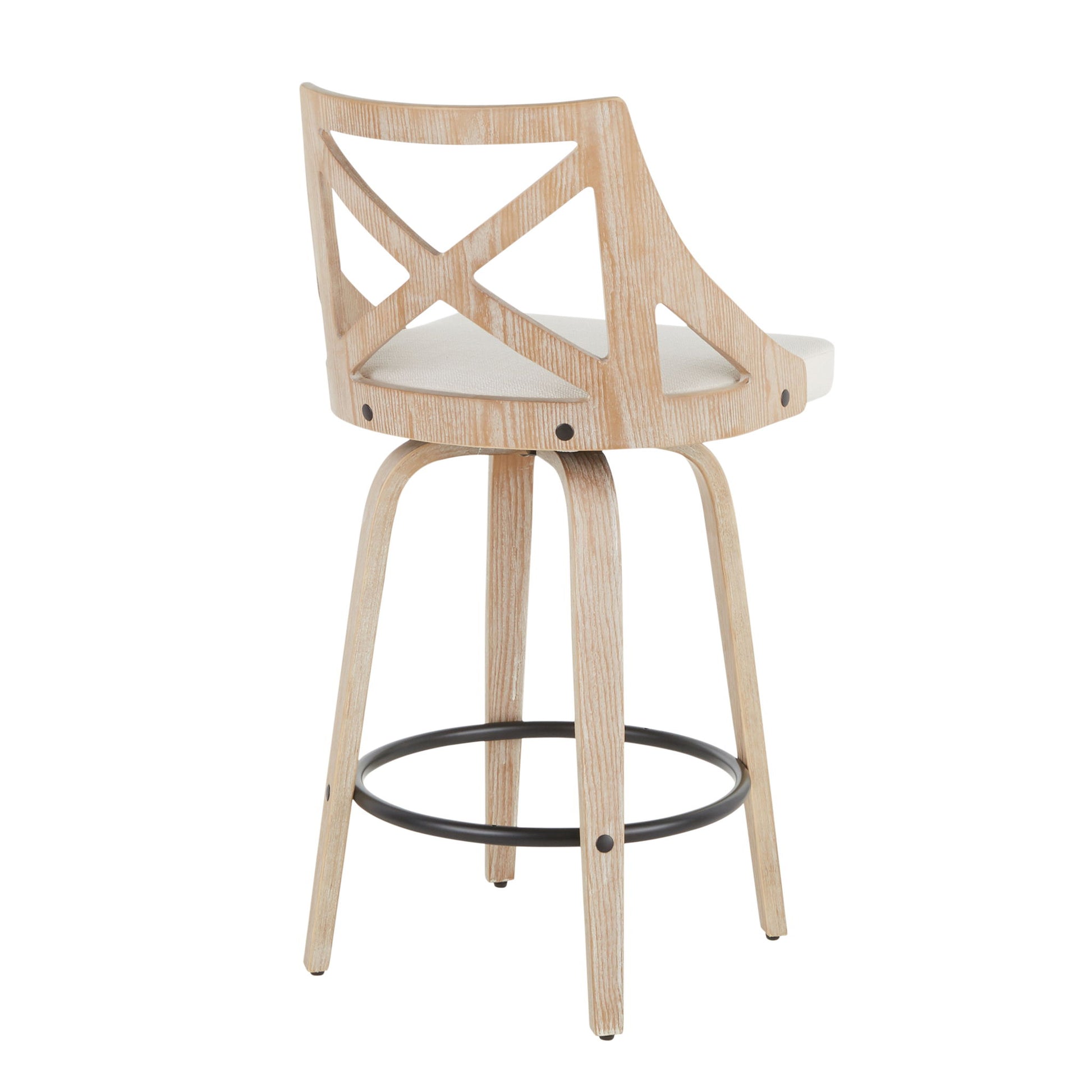 The Charlotte Farmhouse Fixed Height Counter Stool with Swivel (Set of 2) in White Washed/Cream features an X-back design, round cushioned seat, four angled legs, and a circular metal footrest.