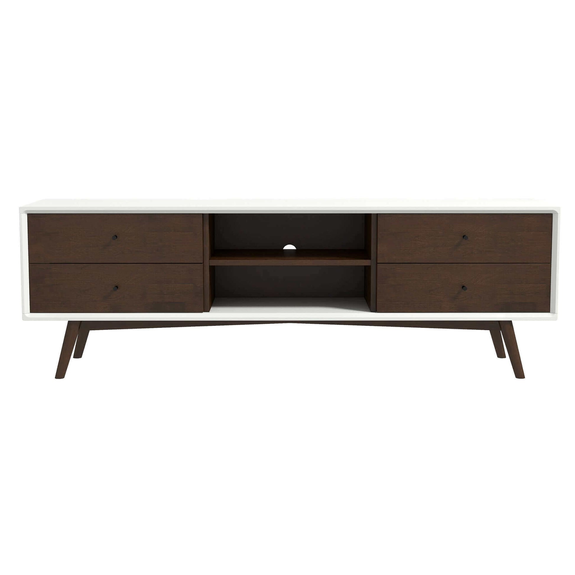 The Caroline - Modern TV Stand Up To 72" features a white frame, four dark brown drawers, two open central shelves, and angled wooden legs.