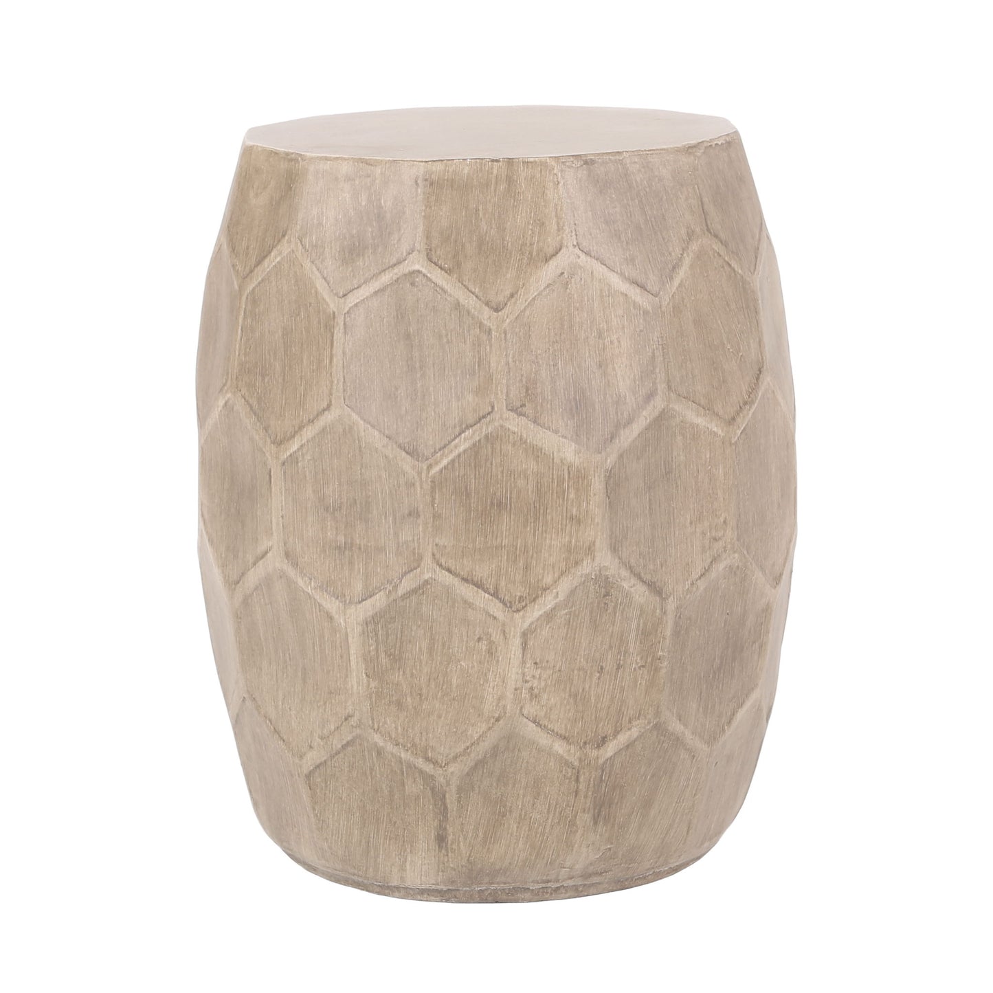 An outdoor side table made from lightweight concrete with a natural finish and a hexagonal, honeycomb-inspired pattern on its rounded sides.