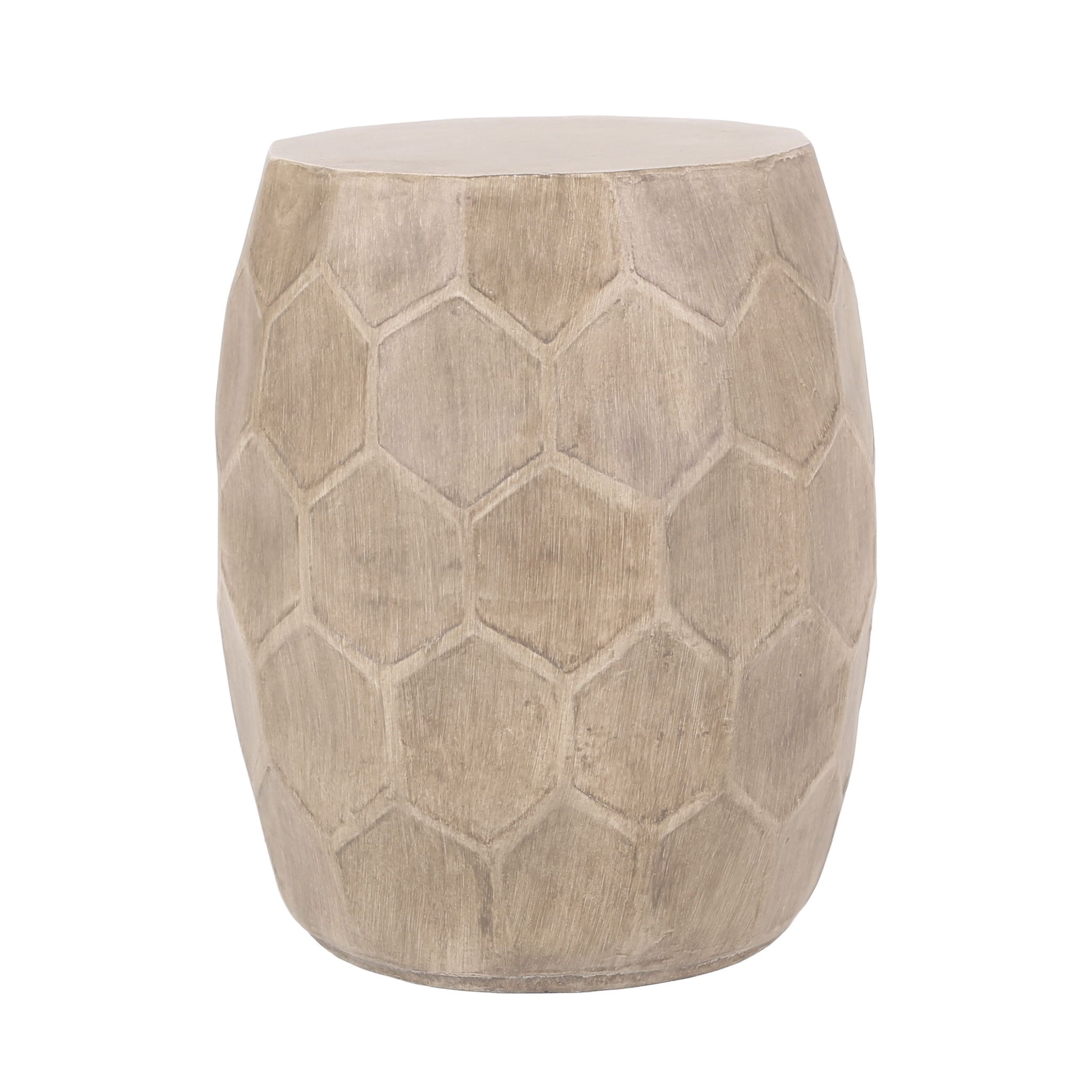An outdoor side table made from lightweight concrete with a natural finish and a hexagonal, honeycomb-inspired pattern on its rounded sides.