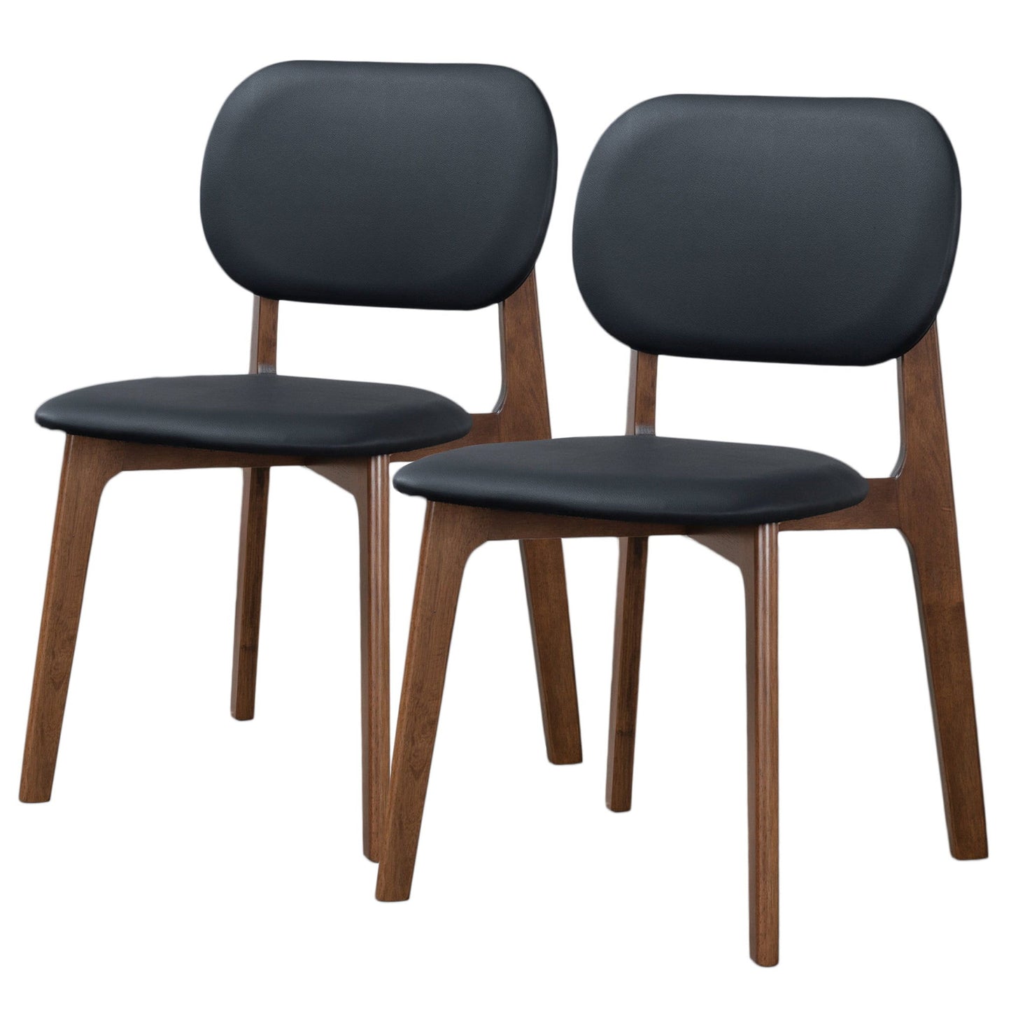 The Kelsey - Stylish Dining Chair (Set of 2) features modern design with dark wooden legs and frames, curved black padded seats and backrests, shown side by side against a white background.