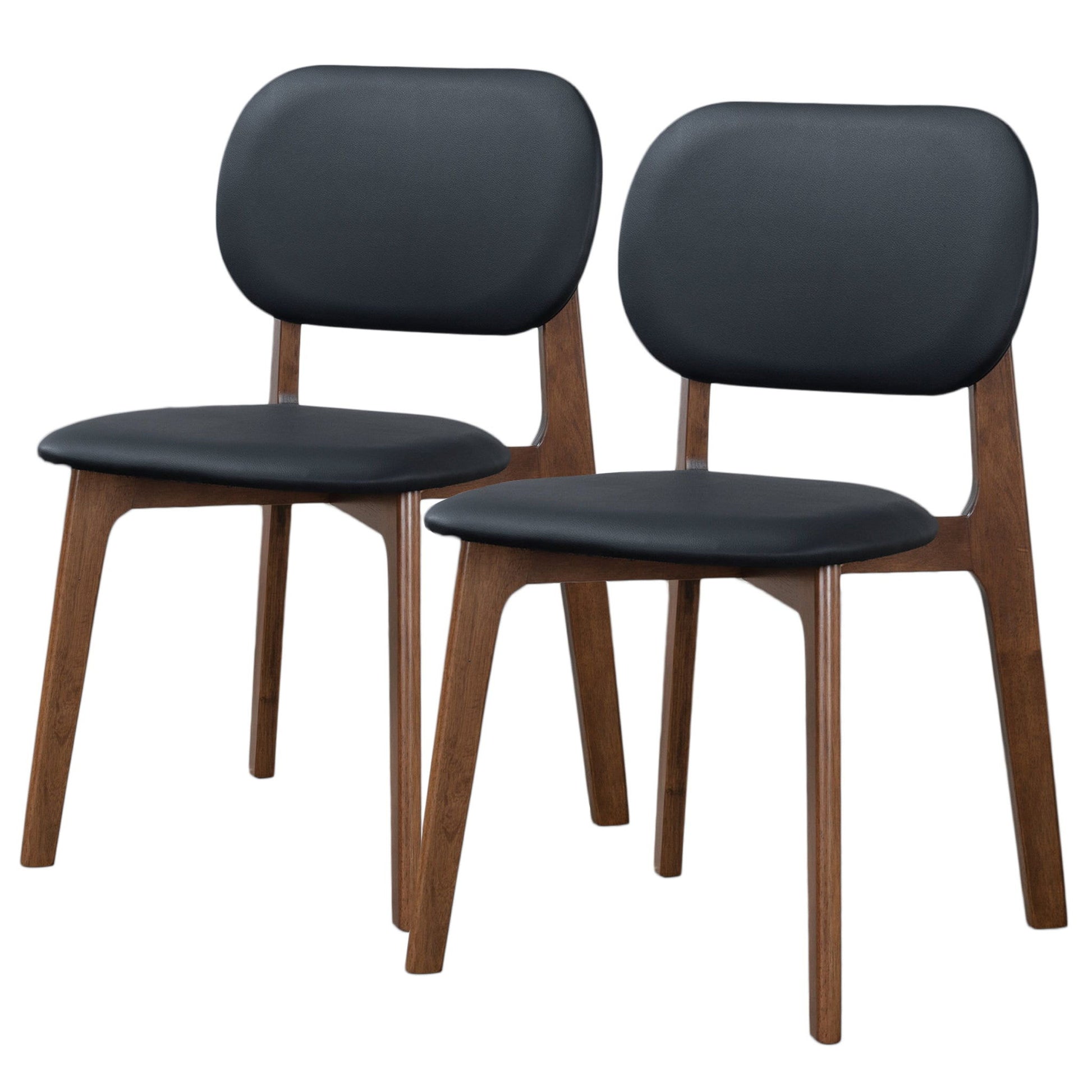 The Kelsey - Stylish Dining Chair (Set of 2) features modern design with dark wooden legs and frames, curved black padded seats and backrests, shown side by side against a white background.