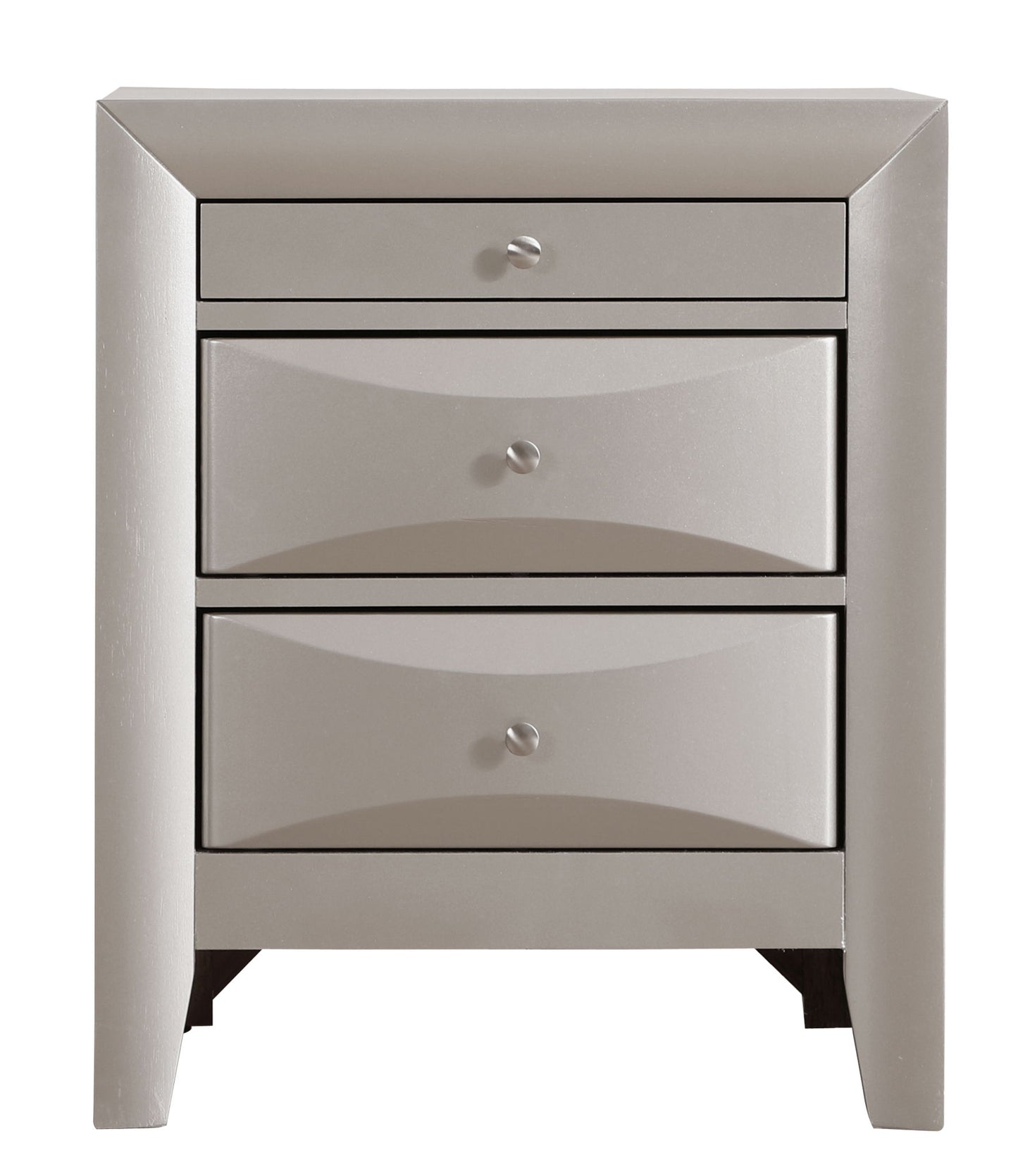 The Marilla Nightstand is a modern, light gray piece with three drawers featuring round silver knobs, a sleek angular design, and short legs.