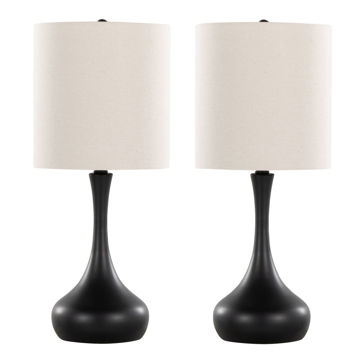 The Genie Contemporary Table Lamp set features two lamps with matte black curved bases and oatmeal cylindrical fabric shades, shown side by side on a white background.