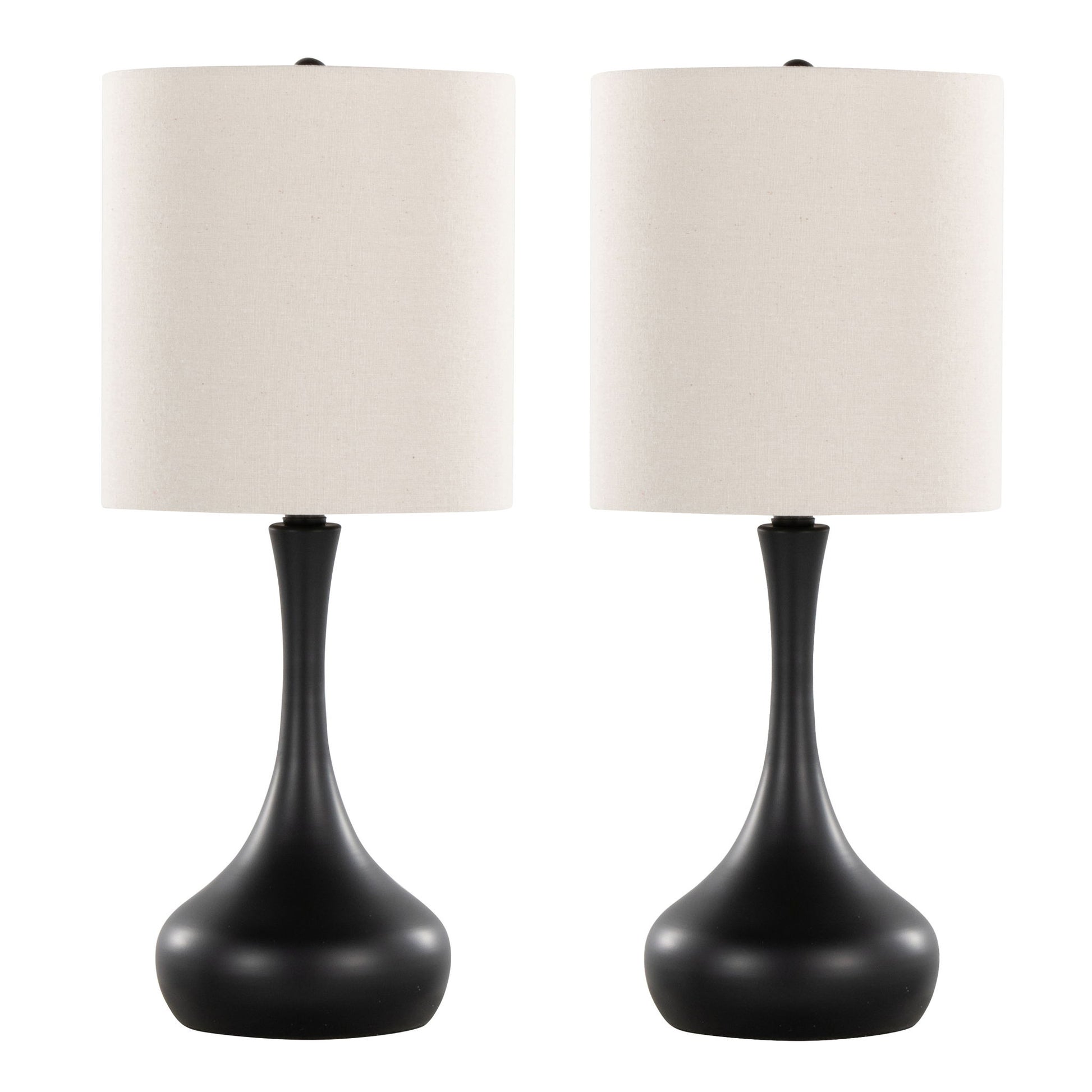The Genie Contemporary Table Lamp set features two lamps with matte black curved bases and oatmeal cylindrical fabric shades, shown side by side on a white background.