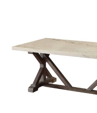 The Romina Marble Top Weathered Coffee Table features a white marble rectangular top and dark, X-shaped wooden legs, displayed against a plain white background.