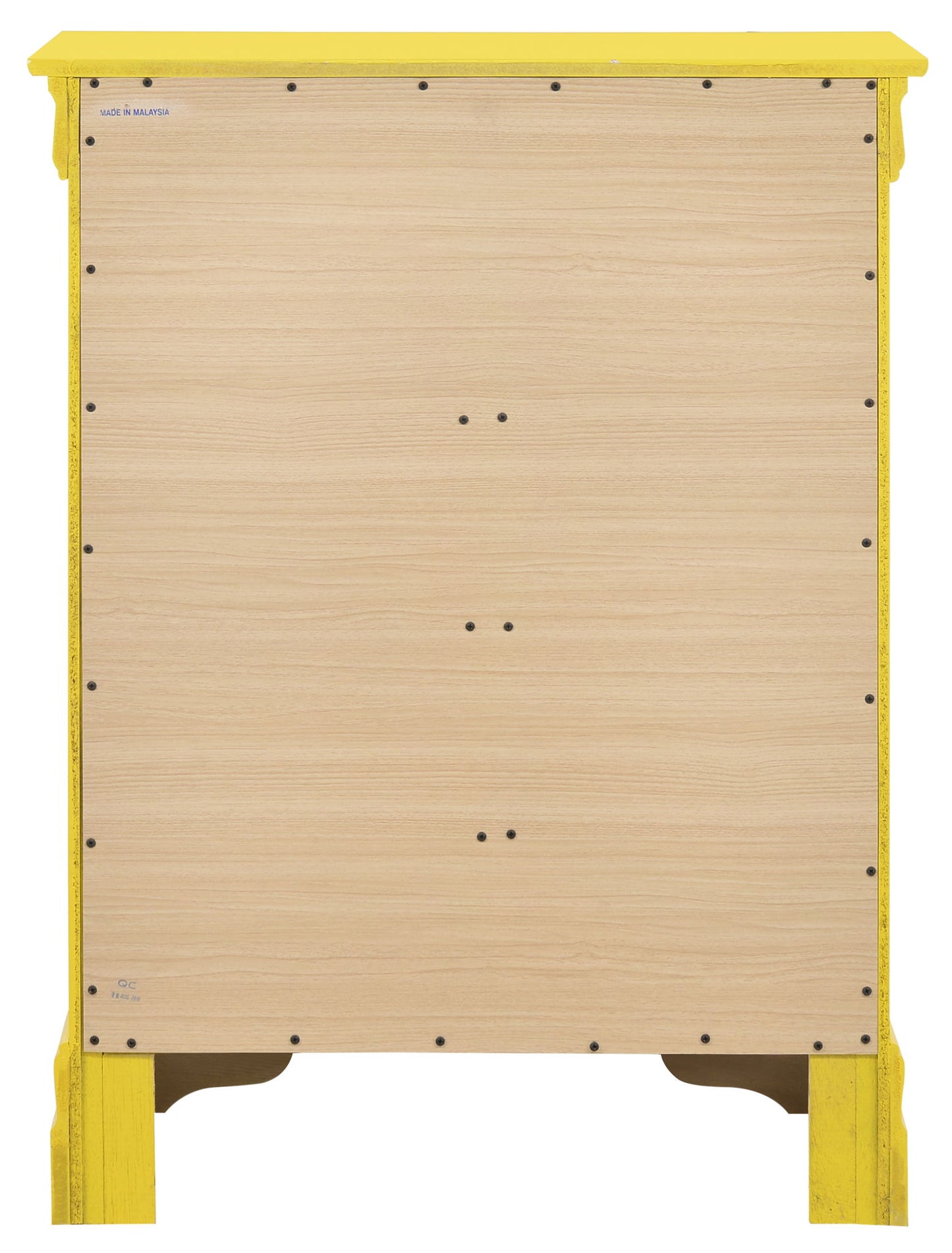 The Traditional Style Storage Chest Elegant has a back view showing a plain light wood panel secured with multiple screws, complemented by a yellow painted frame and legs.