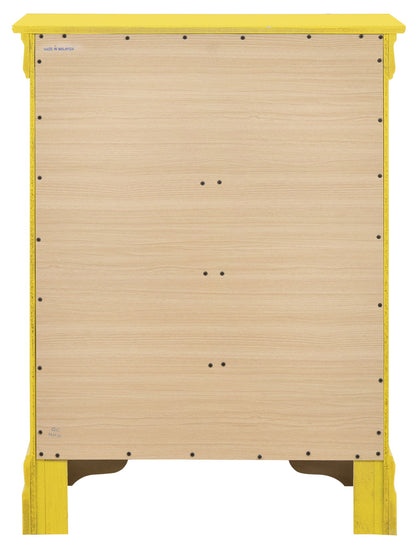 The Traditional Style Storage Chest Elegant has a back view showing a plain light wood panel secured with multiple screws, complemented by a yellow painted frame and legs.