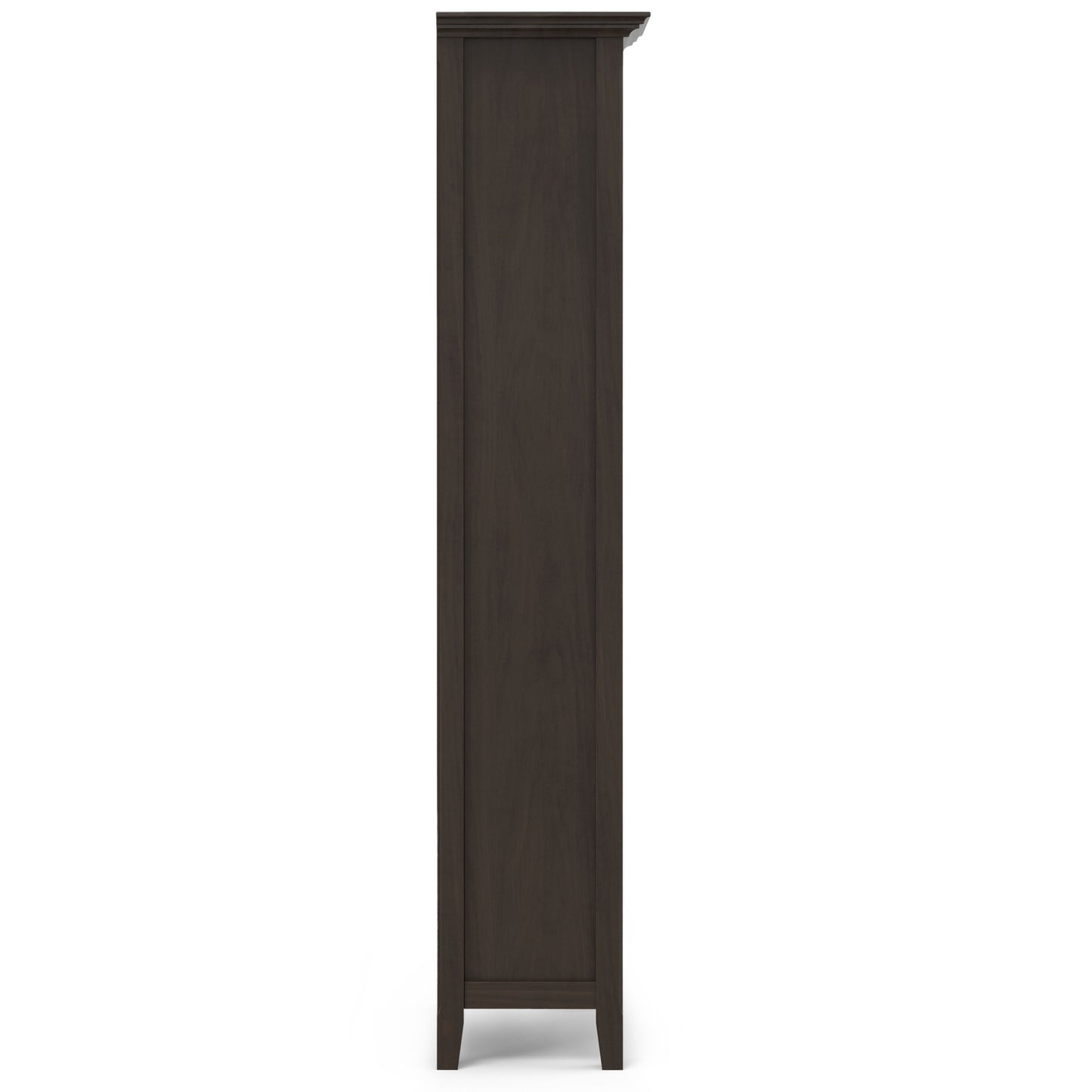 The Amherst 5 Shelf Bookcase in brown is shown from the side, featuring a flat panel design, simple straight legs, and a slightly extended top edge.