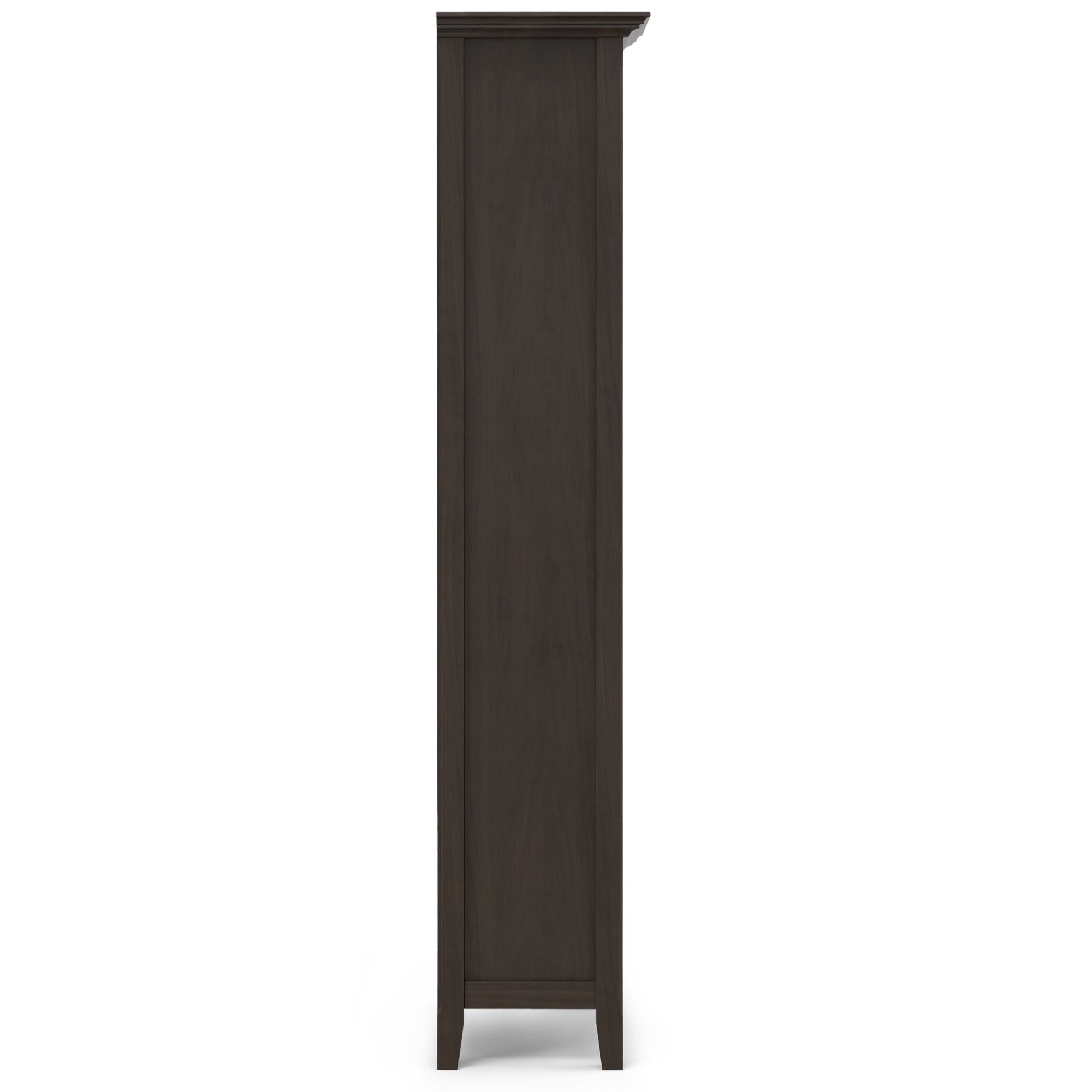The Amherst 5 Shelf Bookcase in brown is shown from the side, featuring a flat panel design, simple straight legs, and a slightly extended top edge.