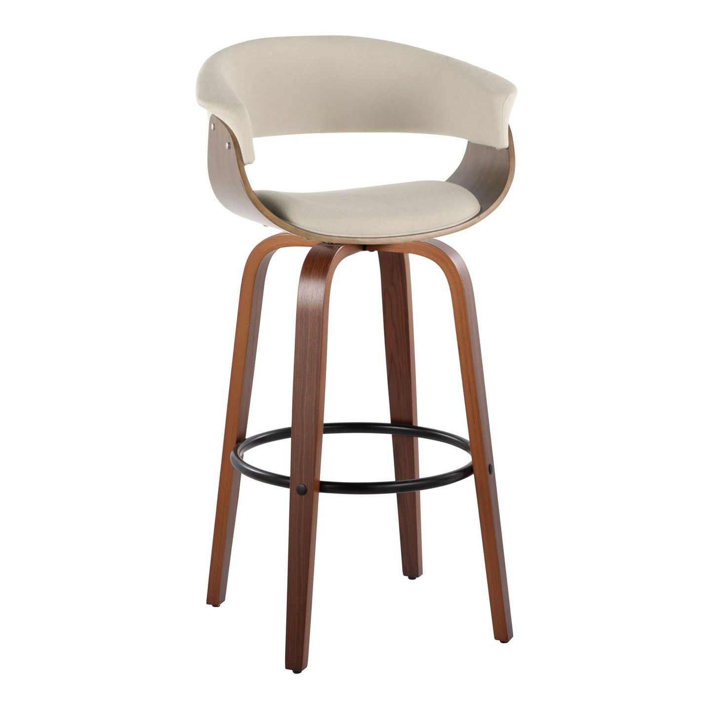 The Vintage Mod Mid Century Modern Barstool Set features a curved wooden frame, light beige upholstered seat and backrest, fixed height with swivel function, and a black round metal footrest. Set of 2.