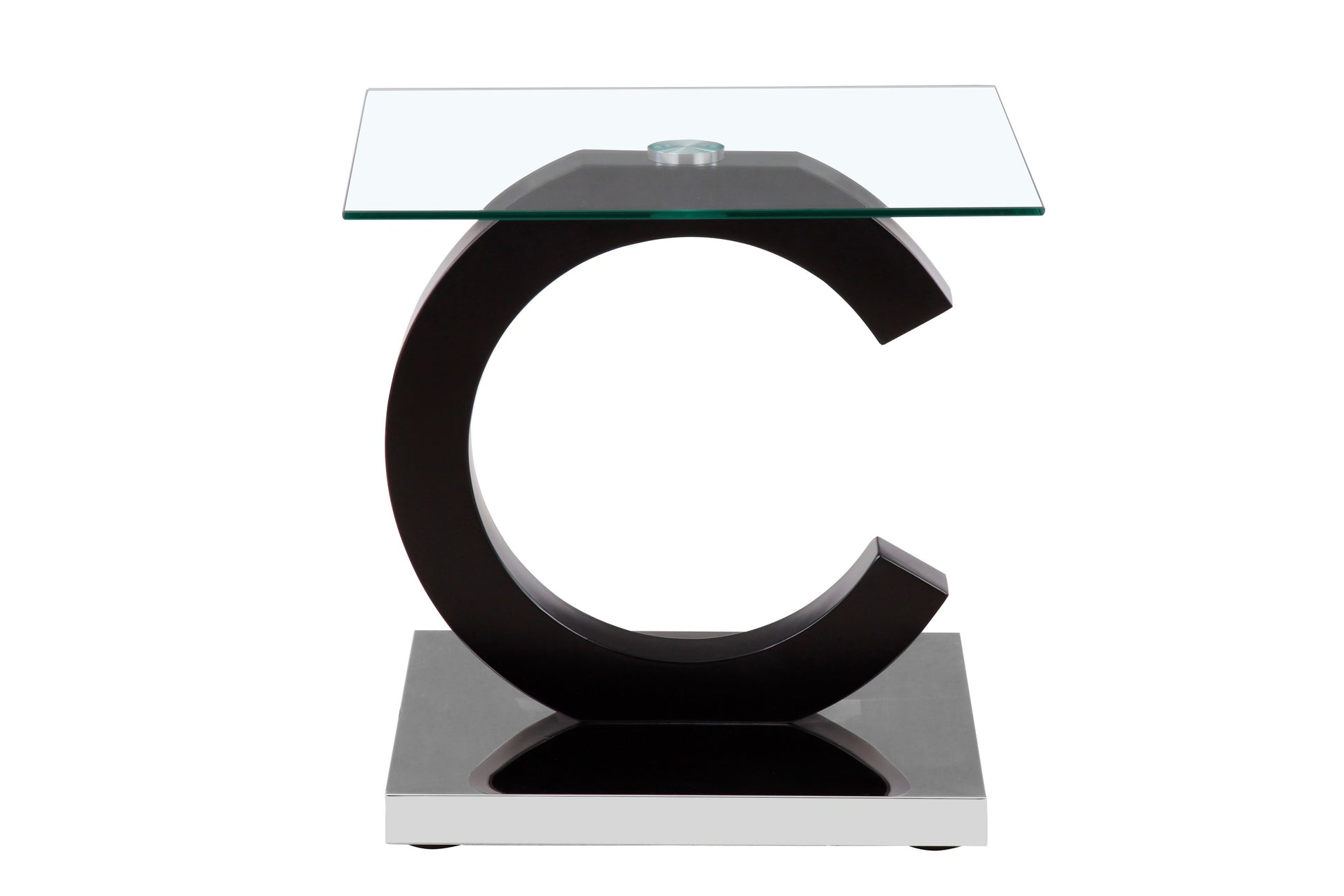 The Everest - Stylish Design Table features a modern glass top, a sleek black C-shaped base, and rests on a rectangular platform.