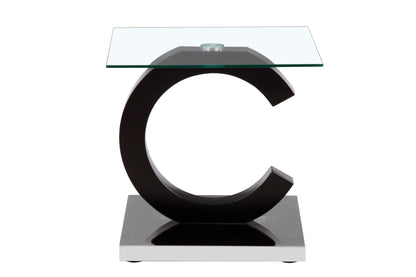 The Everest - Stylish Design Table features a modern glass top, a sleek black C-shaped base, and rests on a rectangular platform.