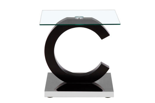 The Everest - Stylish Design Table features a modern glass top, a sleek black C-shaped base, and rests on a rectangular platform.