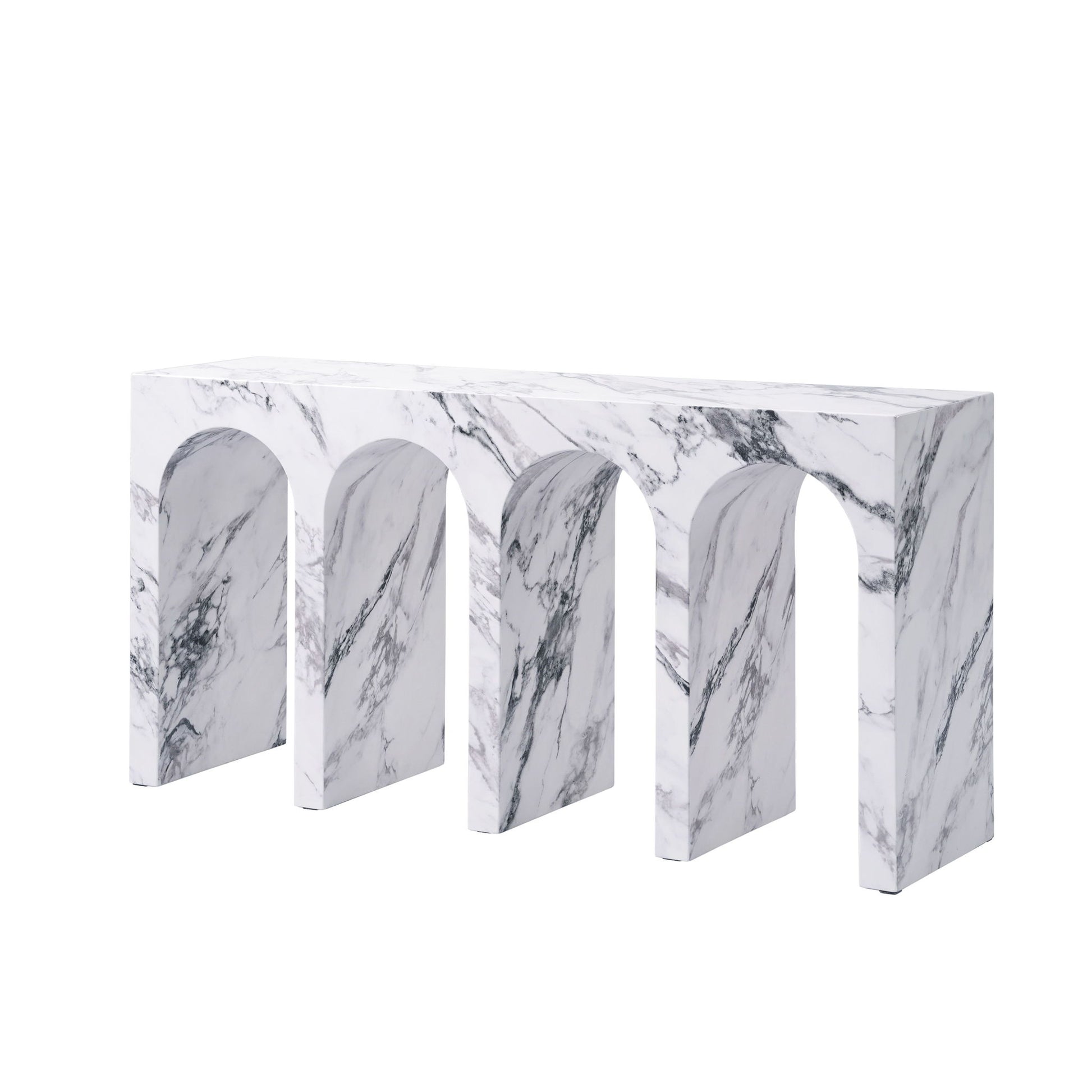 The Fritzy Engineered Stone Table features a rectangular top with a white marble finish and four arch-shaped legs for a modern look.