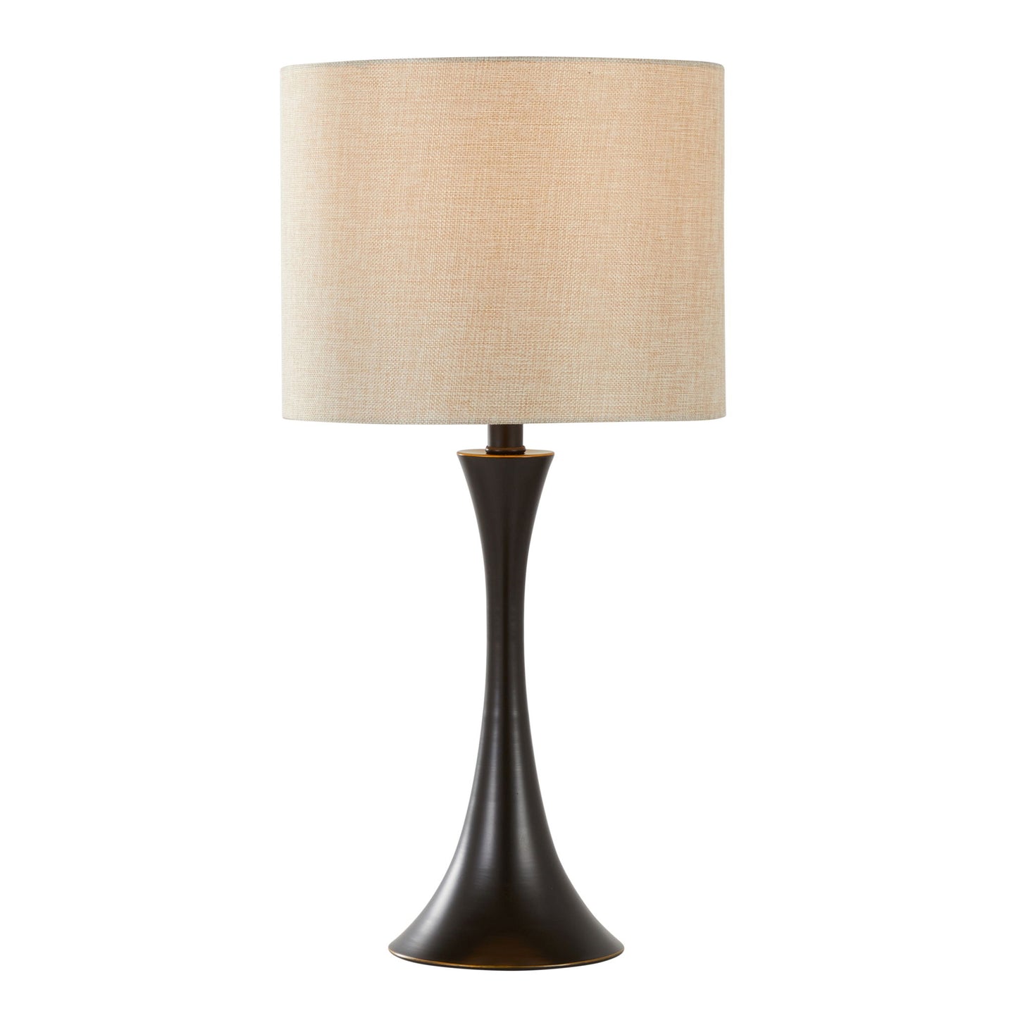 The Lenuxe Contemporary & Modern Design Table Lamp (Set of 2) features a beige fabric drum shade and a sleek, dark bronze flared base with a modern, minimalist look.