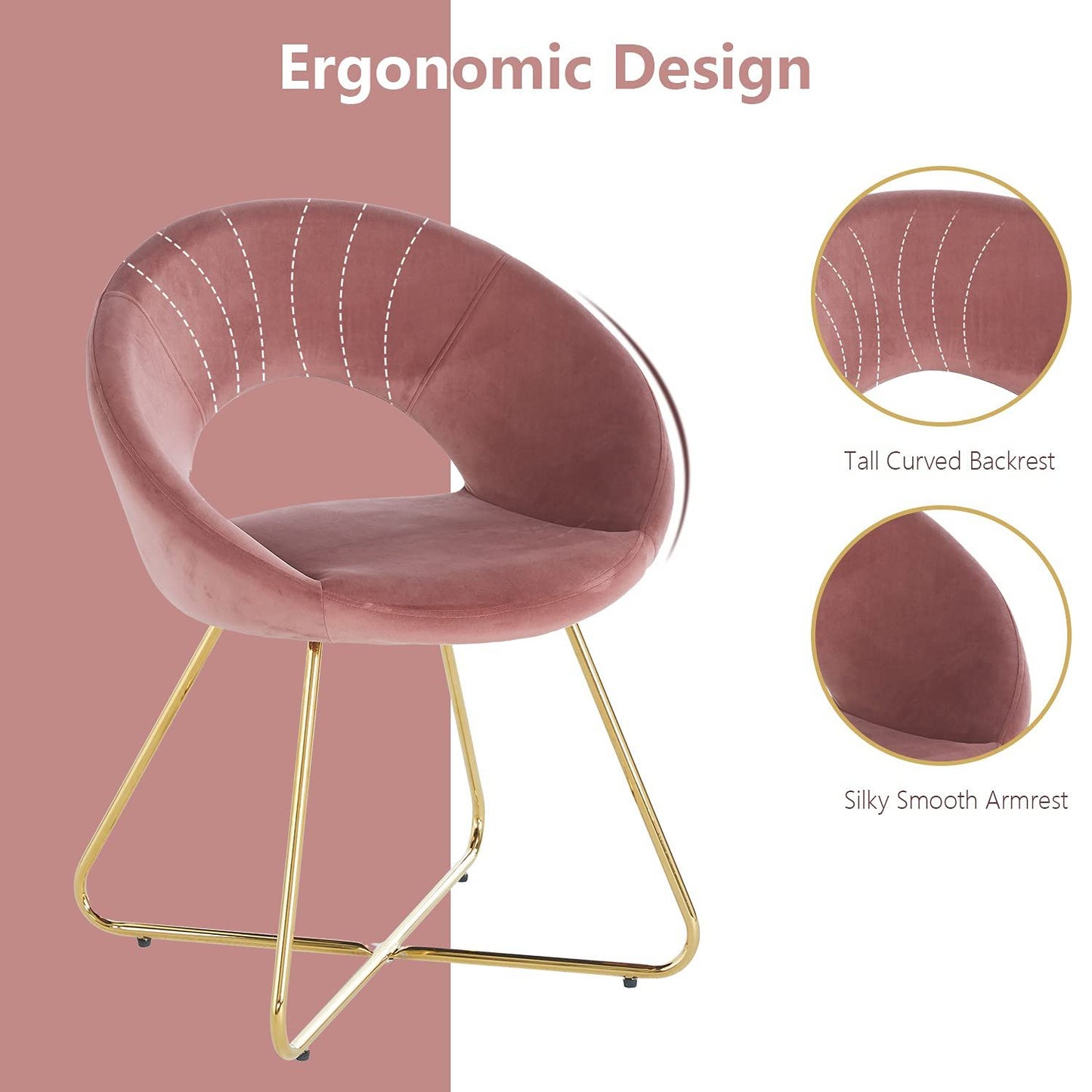 The Modern Accent Velvet Lounge Chair features a tall, curved backrest, white stitched details, silky smooth armrests, and a gold metal base. Its ergonomic design ensures comfort and style for any space.