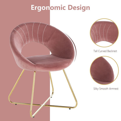 The Modern Accent Velvet Lounge Chair features a tall, curved backrest, white stitched details, silky smooth armrests, and a gold metal base. Its ergonomic design ensures comfort and style for any space.