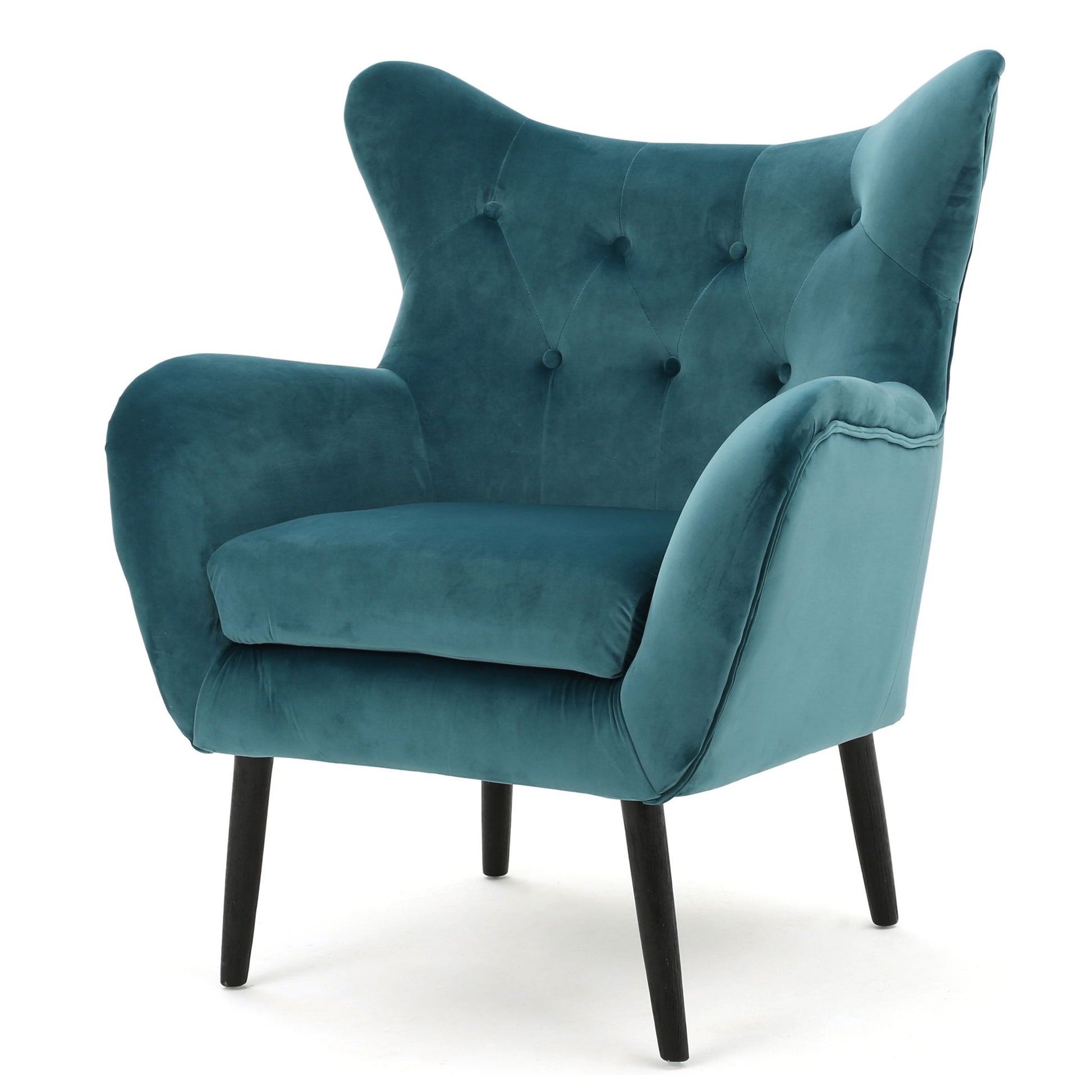 The Alyssa Mid Century Upholstered Arm Chair features a teal velvet wingback design, tufted button backrest, curved armrests, and angled black wooden legs, shown against a white background.
