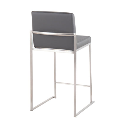 The Fuji Contemporary High Back Counter Stool features a gray cushioned seat and backrest with a sleek metal frame and brushed legs. Shown in an angled rear view, its functional design adds a modern touch to any counter space.