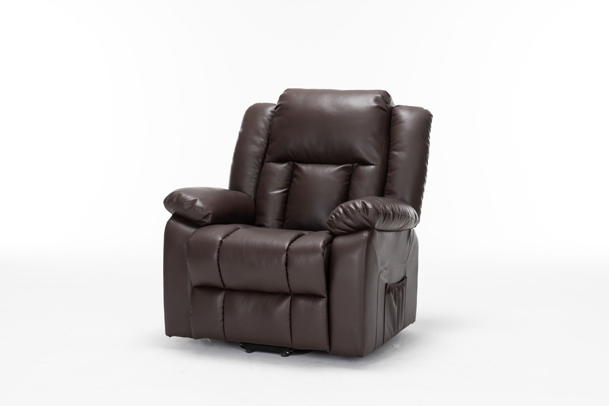 The Electric Power Massage Recliner Chair, in dark brown leather with padded armrests, a cushioned backrest, and a side pocket, is shown against a plain white background.