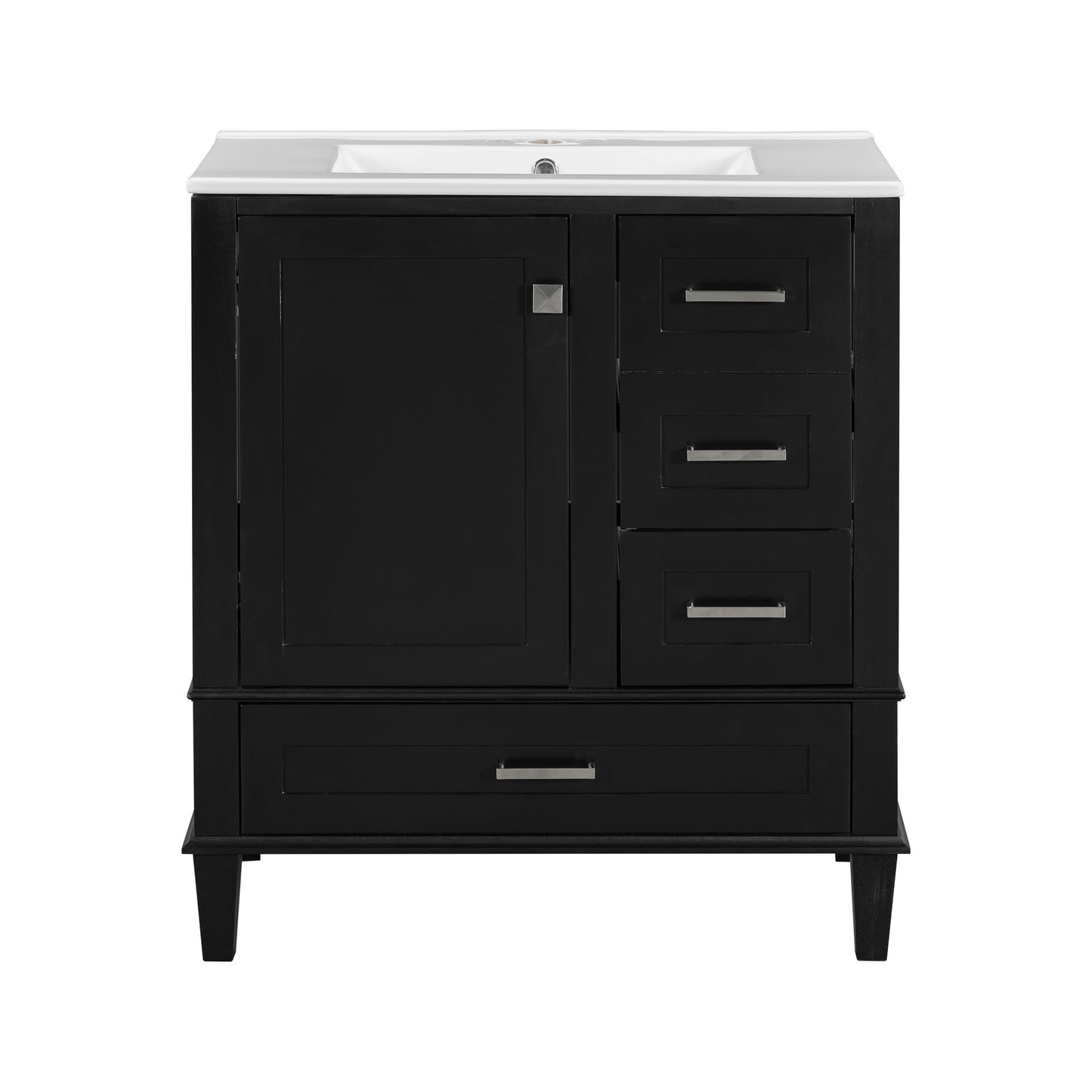 The Bathroom Vanity is a modern cabinet with a white sink, solid wood frame, soft-closing door on the left, three stacked drawers on the right, and sleek metal handles. It offers ample storage and stands on short legs for a stylish look.
