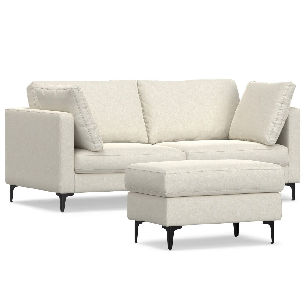 The Ava Mid Century Sofa With Ottoman Set features a modern beige design with three seat and back cushions, slim black legs, and a matching rectangular ottoman in front.