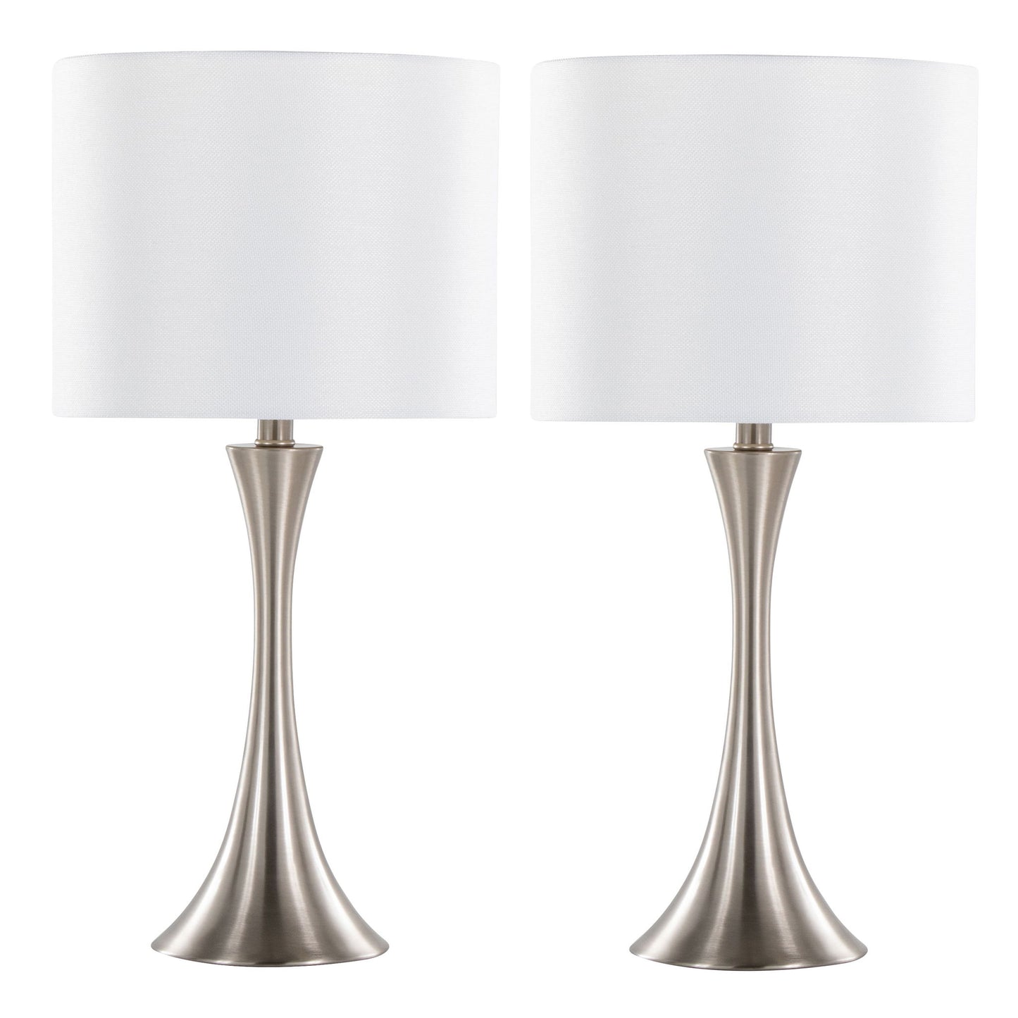 The Lenuxe Contemporary Semi Gloss Table Lamp set features two modern lamps with brushed nickel bases and white cylindrical fabric shades, shown side by side against a white background.