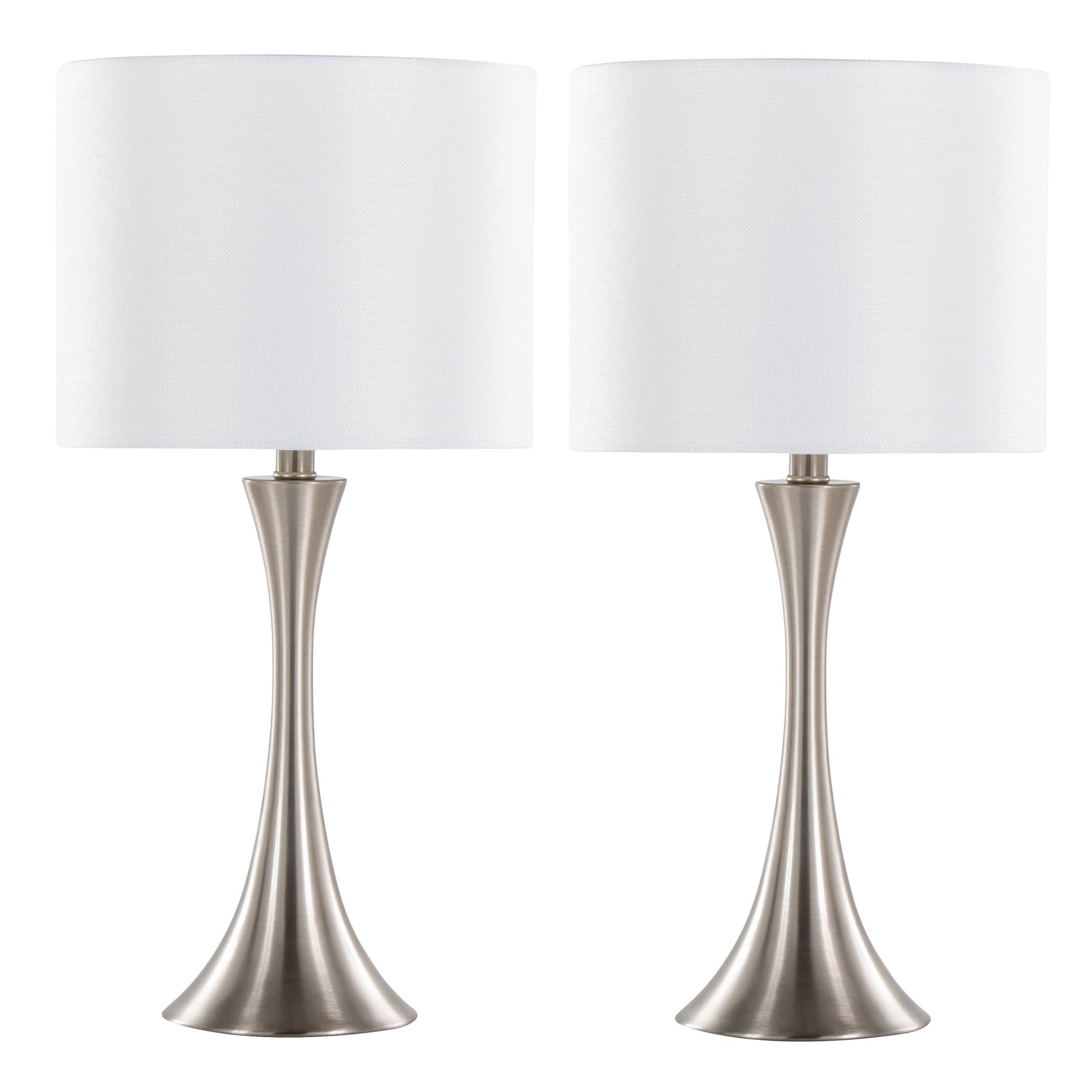 The Lenuxe Contemporary Semi Gloss Table Lamp set features two modern lamps with brushed nickel bases and white cylindrical fabric shades, shown side by side against a white background.